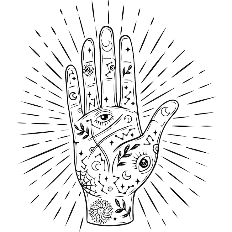 Vector ilustración de la mano celestial con signos dibujada a mano