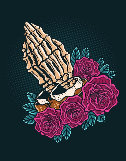 Vector ilustración de la mano del cráneo de oración con la flor de la rosa
