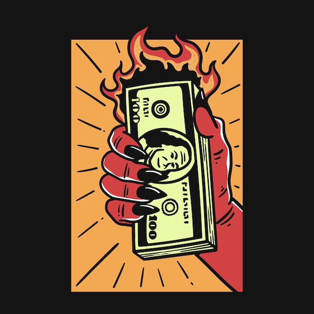 Ilustración de la mano del diablo con dinero quemado