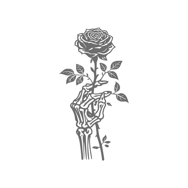 Ilustración de la mano del esqueleto sosteniendo una rosa