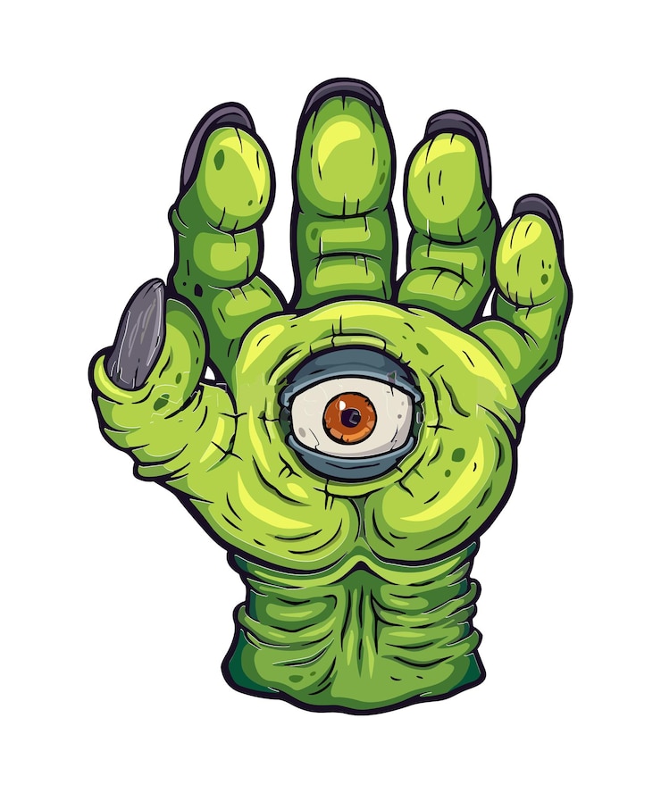 Vector una ilustración de una mano monstruosa con un ojo en la palma de la mano
