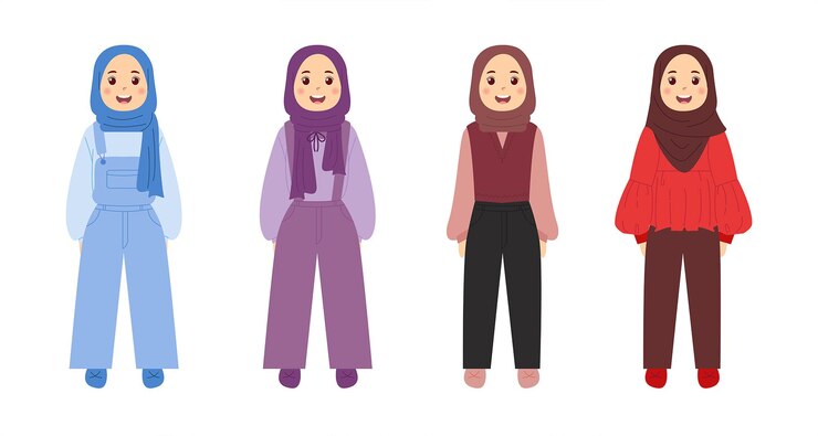 Ilustración a mano de niñas con hijab en la colección