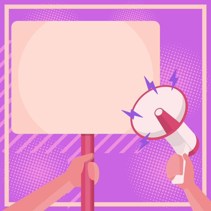 Vector ilustración de la mano que sostiene el megáfono que señala la placa en blanco en la palma de la mano dibujo usando un megáfono que da un gran anuncio nuevo y poderoso