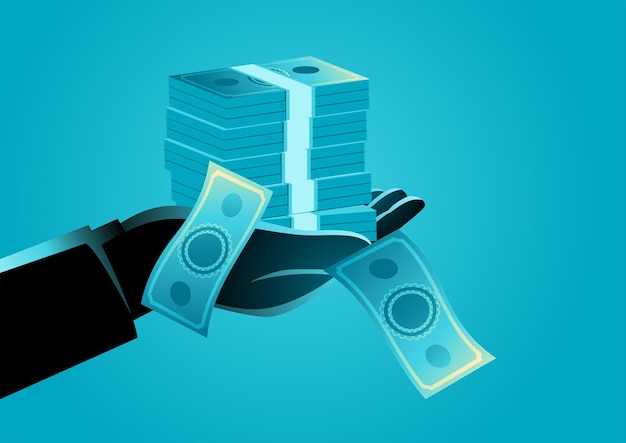 Ilustración de una mano que sostiene la pila de dinero, soborno, salario, concepto de compra