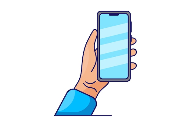 Ilustración de una mano que sostiene el teléfono móvil inteligente moderno vector de dibujos animados fondo blanco.