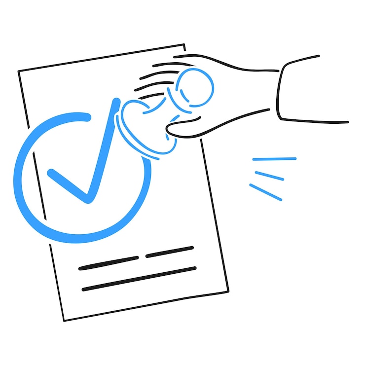 Vector ilustración de una mano sosteniendo un documento con sello y marca de comprobación
