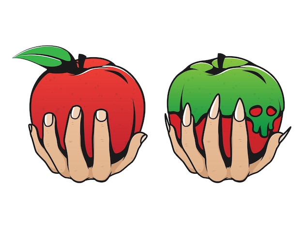 ilustración de una mano sosteniendo una manzana no venenosa y una venenosa