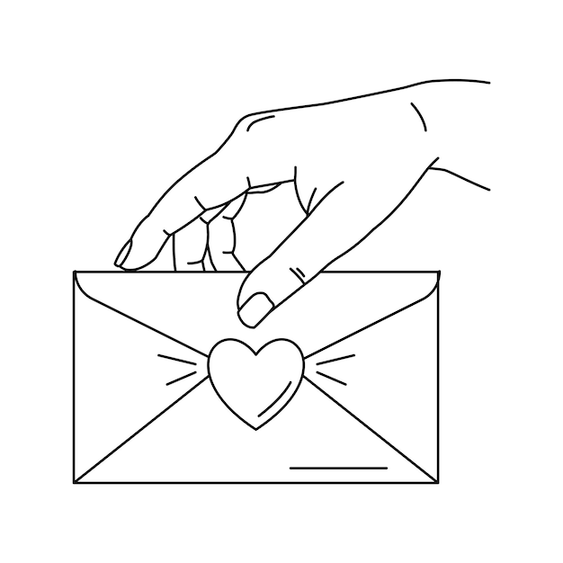 Ilustración de mano sosteniendo un sobre con carta de amor. Arte lineal. Diseño de San Valentín