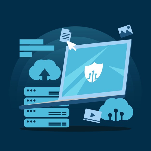 Ilustración Mano Vector Seguridad Cibernética Nube Red Datos Portátil