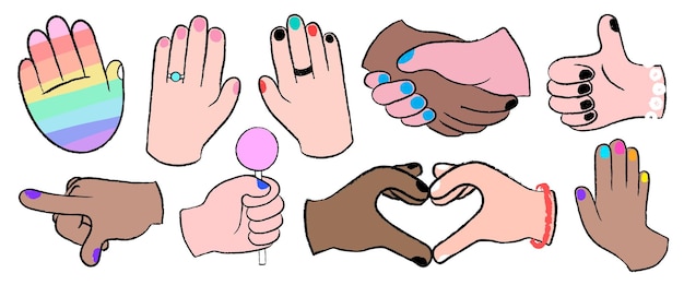 Ilustración de manos diversas con uñas coloridas anillos y pulseras Las manos forman gestos como corazones y pulgares hacia arriba que muestran la diversidad y la creatividad LGBTQ y el conjunto vectorial de elementos de diversidad
