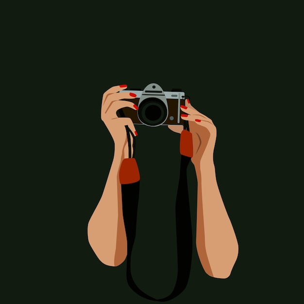 Ilustración de manos femeninas sosteniendo una cámara de fotos en estilo retro