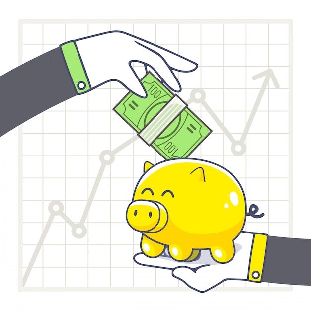 Ilustración de manos con hucha amarilla y dinero verde sobre fondo blanco con tabla de crecimiento.