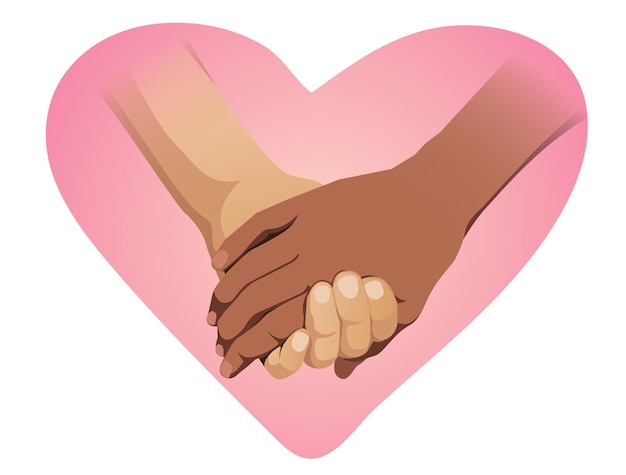 Vector ilustración de manos interraciales sosteniendo con fondo de corazón