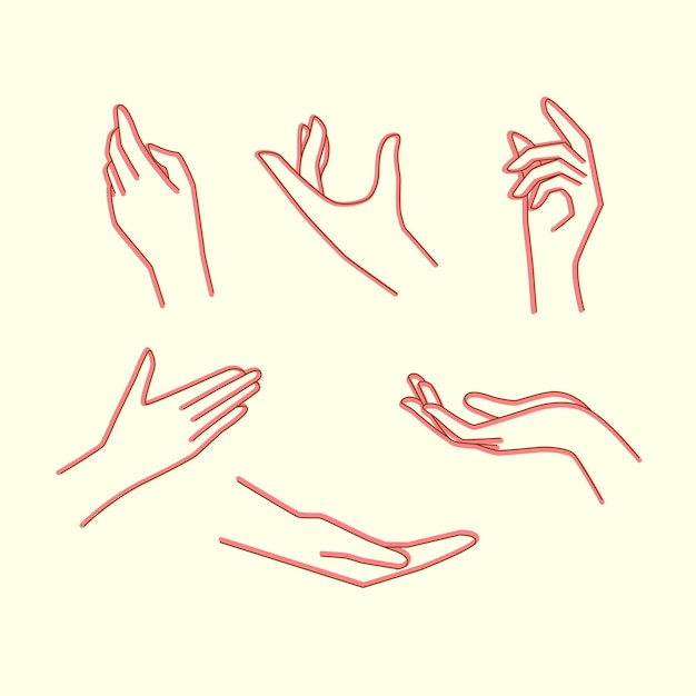 Ilustración de las manos de las mujeres con varios gestos para la belleza, la salud facial, el cuidado de las mujeres, etc.