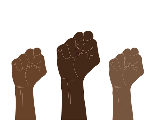 Una ilustración de manos negras levantadas Concepto de igualdad racial Mes de la historia negra