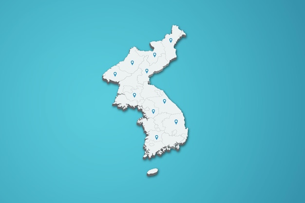 Ilustración del mapa 3D de Corea del Sur con el pin del mapa de la provincia en un fondo aislado