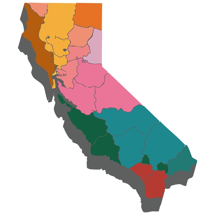 Vector ilustración de mapa codificada por colores que destaca las regiones y condados de california39