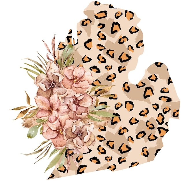 Ilustración de mapa de estado de michigan de leopardo floral acuarela para póster de impresión por sublimación EE. UU.