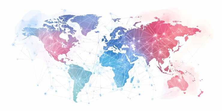 Ilustración de un mapa mundial digital colorido y conectado sobre un fondo blanco