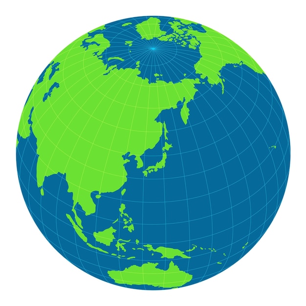 Ilustración del mapa del mundo esfera del globo enfocada en Japón y Asia oriental