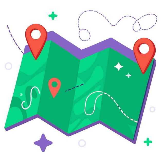 Ilustración de mapa plegado de colores con marcadores de ubicación