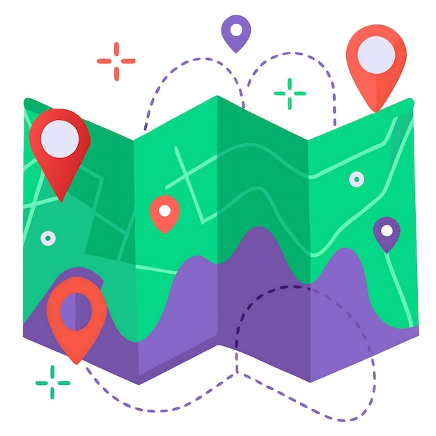 Ilustración de mapa plegado de colores con marcadores de ubicación