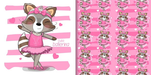 Ilustración de mapache linda bailarina con patrones sin fisuras