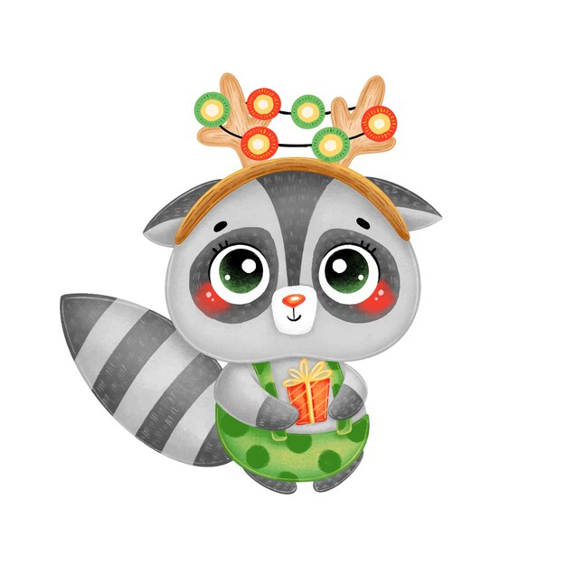 Ilustración de mapache de Navidad de dibujos animados lindo con cuernos de ciervo, luces, guirnaldas y regalos