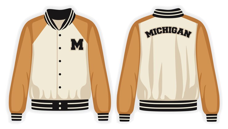 Vector ilustración de maqueta vectorial de la chaqueta del equipo universitario de color naranja beige de vista frontal y posterior