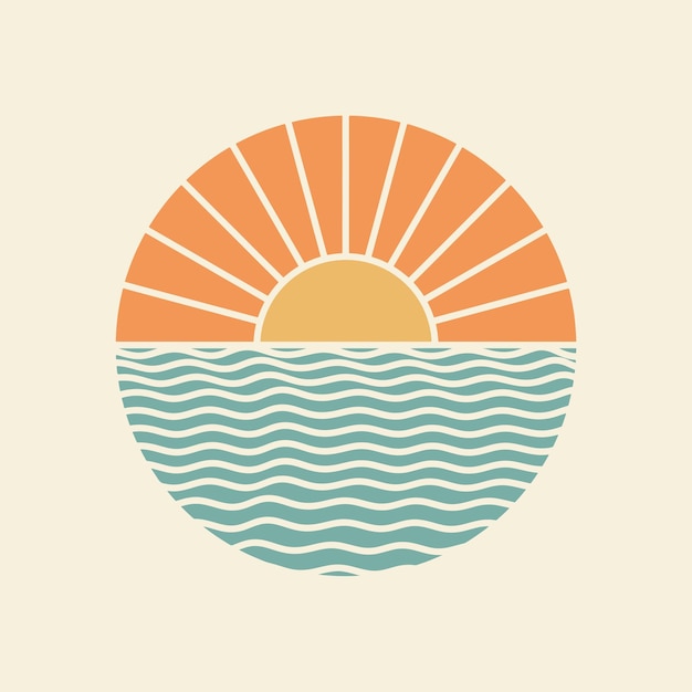 Ilustración de mar olas diseño gráfico de sol insignia tropical verano logotipo vintage círculo