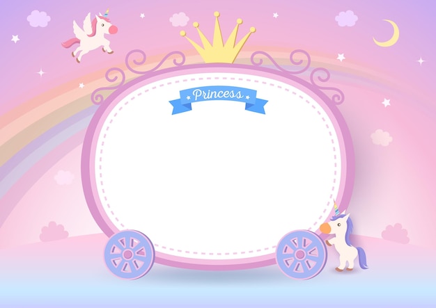 Ilustración del marco del carro de la princesa con unicornios sobre fondo de arco iris pastel.