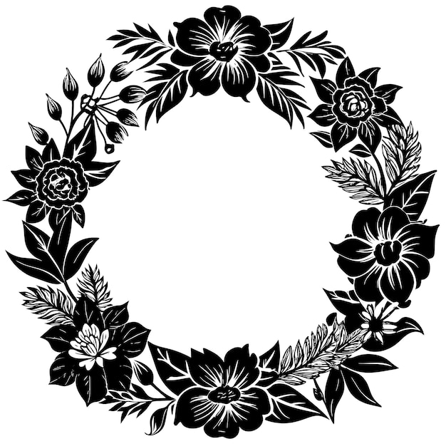 Ilustración de un marco floral con flores blancas y negras sobre un fondo blanco