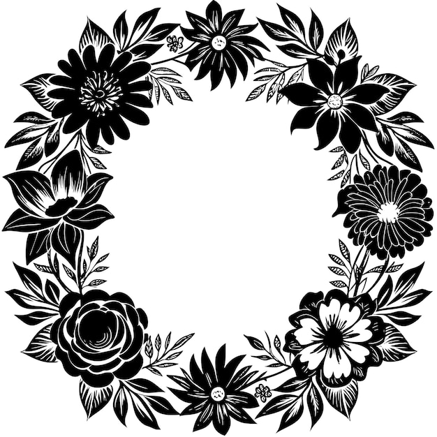 Ilustración de marco floral con flores en blanco y negro sobre fondo blanco.