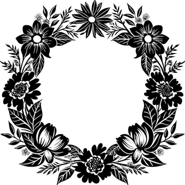 Ilustración de marco floral con flores en blanco y negro sobre fondo blanco.