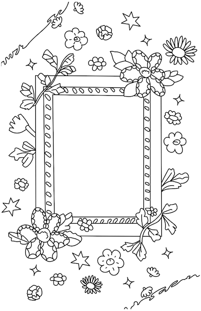 Ilustración de un marco floral con flores y estrellas garabateadas