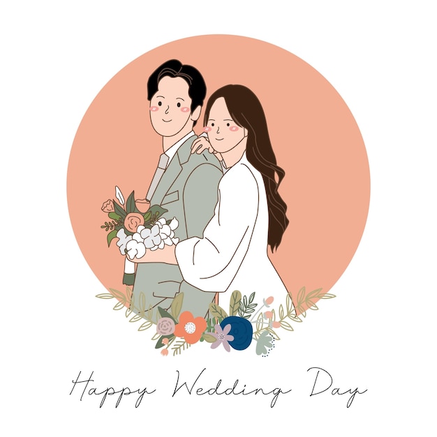 ilustración de marco floral de pareja de boda con fondo blanco