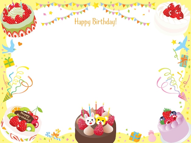 Ilustración de marco de pastel de cumpleaños y galleta de fiesta y bandera