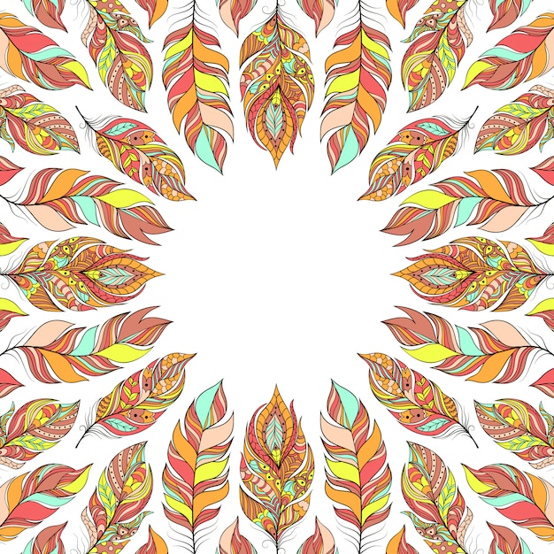 Ilustración del marco con plumas de colores abstractas.
