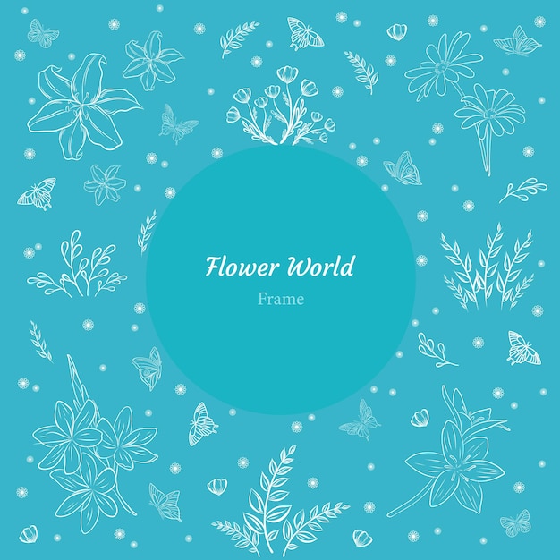 Vector ilustración de marco vectorial con flores y mariposas sobre fondo azul