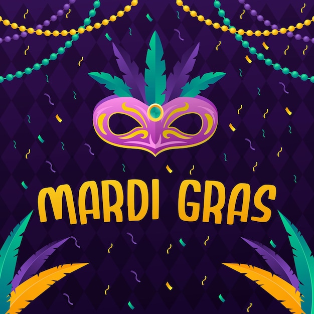 Ilustración de Mardi Gras con confeti de máscara y cuentas