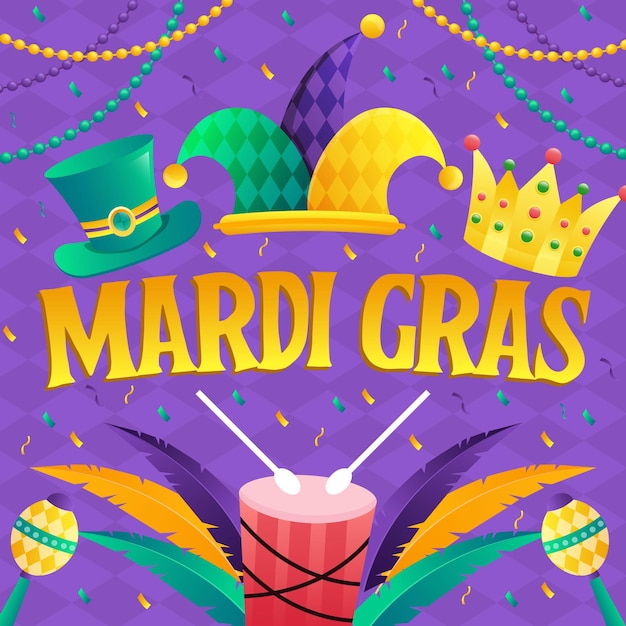 Ilustración de mardi gras en estilo de diseño de gradiente con adornos mardi gras