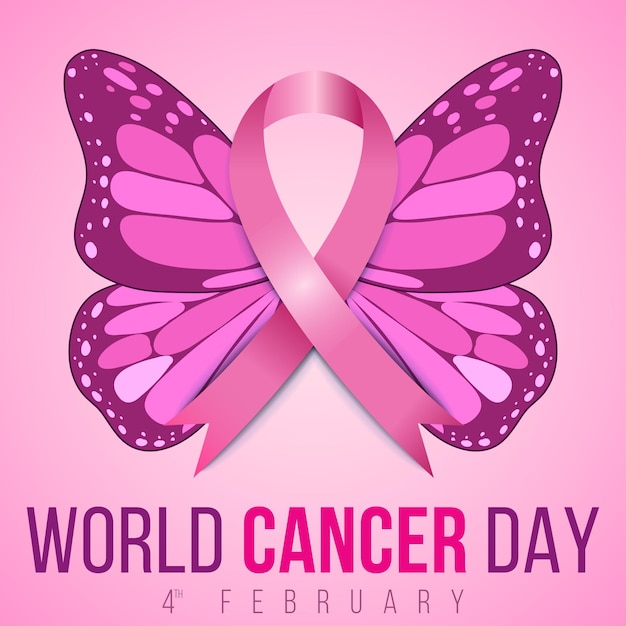 Ilustración de mariposa del día mundial del cáncer con cinta rosa