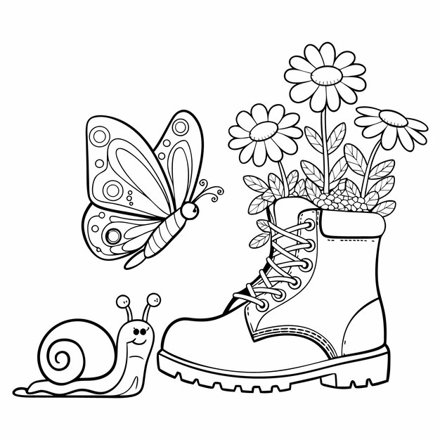 Ilustración de una mariposa linda volando alrededor de las flores y creciendo un zapato viejo