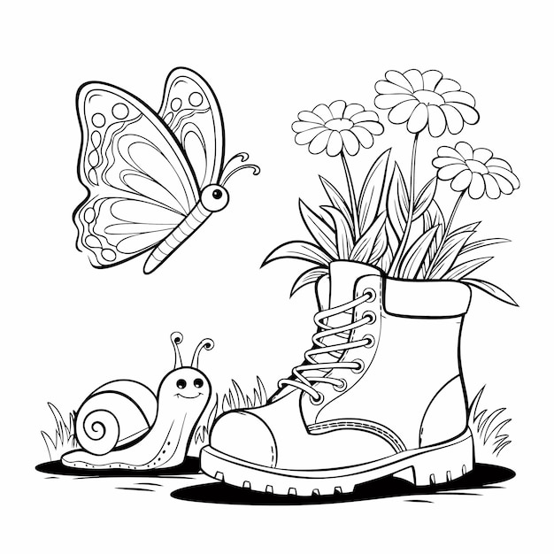 Ilustración de una mariposa linda volando alrededor de las flores y creciendo un zapato viejo
