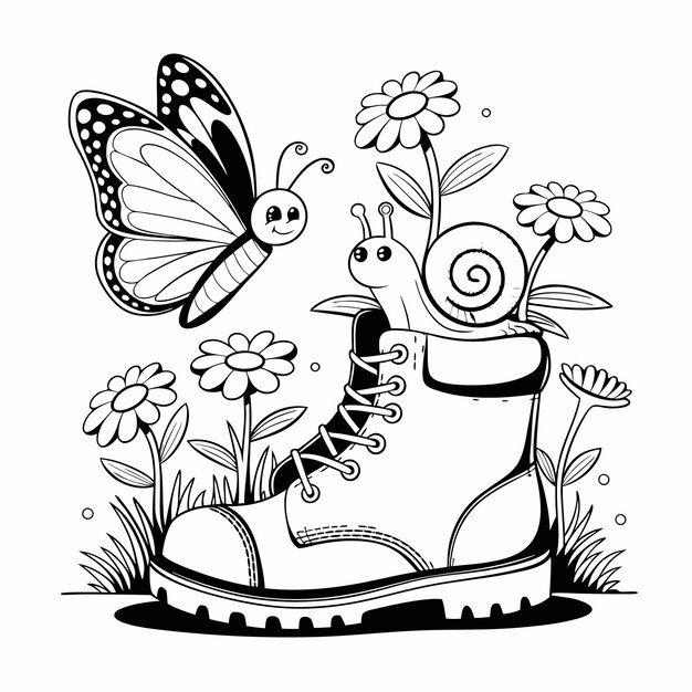Ilustración de una mariposa linda volando alrededor de las flores y creciendo un zapato viejo