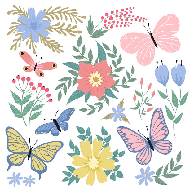 Ilustración de mariposas y flores