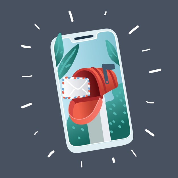 Ilustración de marketing por correo electrónico y señal de notificación de mensajes. Smartphone sobre fondo oscuro.