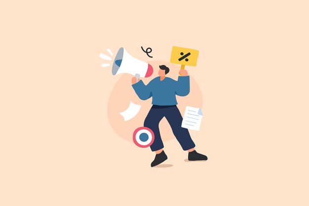 Ilustración de marketing y defensa Un personaje con un megáfono y un letrero de protesta que representa el activismo y el compromiso social