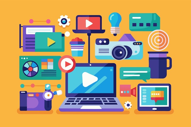 Ilustración de marketing digital de estilo plano que destaca el marketing de video