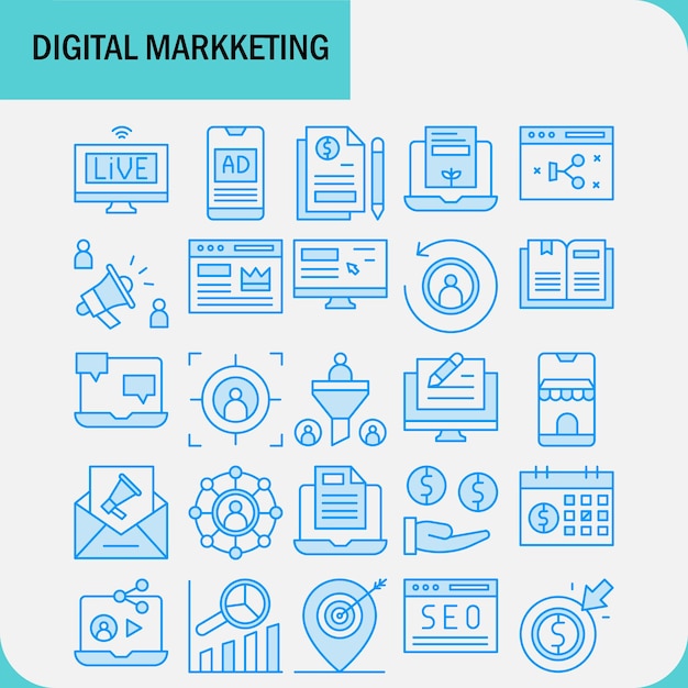 una ilustración de marketing digital con un paquete de iconos de línea azul